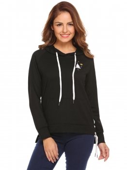 

Black Hooded Sweatshirt Long Sleeve Lace Up Side Print Pullover Casual Hoodies, Multicolor