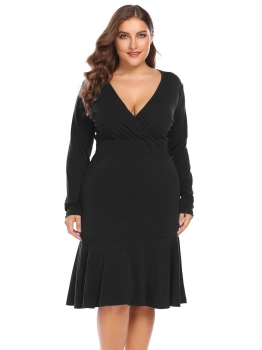 

Black Women V-Neck Long Sleeve Solid Business Party Pencil Fishtail Dress Plus Size, Multicolor