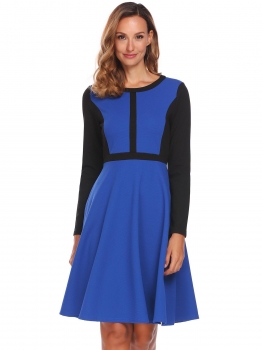 

Royal Blue Women O-Neck Long Sleeve Patchwork Casual Party Fit and Flare Dress, Multicolor