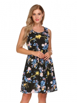 

Blue O-Neck Sleeveless Elastic Waist Floral Dress, Multicolor