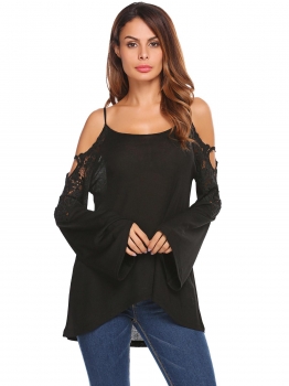 

Black Women Fashion Spaghetti Strap Long Sleeve Cold Shoulder Lace Patchwork Bodysuit, Multicolor