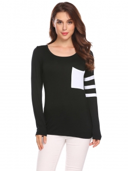 

Black Women Casual O-Neck Long Sleeve Patchwork Pocket Slim Fit Sexy Blouse T-shirt, Multicolor