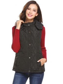 

Black Women Casual Hooded Sleeveless Lozenge Pattern Winter Zipper Warm Vest, Multicolor