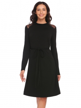 

Black Women Keyhole Back Long Sleeve Lace Patchwork Casual Knee Length Dress with Belt, Multicolor