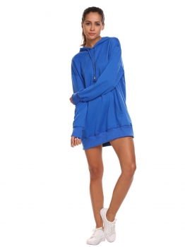 

Blue Women Long Sleeve Hooded Pullover Solid Loose Leisure Hoodie Dress, Multicolor