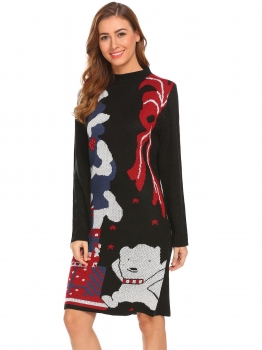 

Black Women Casual Round Neck Long Sleeve Loose Knitting Christmas Printed Dress, Multicolor