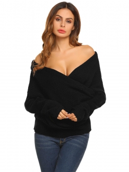 

Black Women Casual Long Sleeve V-Neck Cable Knit Pullover Sweater, Multicolor