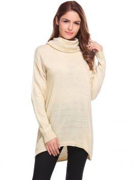 

Beige Solid Loose Turtle Cowl Neck Ribbed Long Pullover Sweater, Multicolor