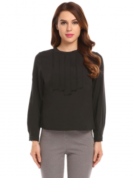

Black Women O-Neck Long Sleeve Solid Pleated Placket Casual OL Blouse Top, Multicolor