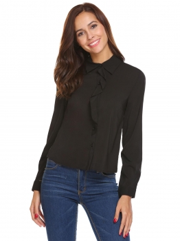 

Black Women Long Sleeve Ruffles Solid Office Casual Button Down Shirt, Multicolor