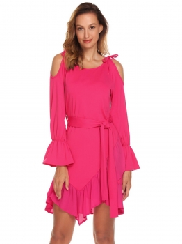 

Rose red O-Neck Long Sleeve Ruffle Asymmetrical Hem Sexy Dress with Belt, Multicolor