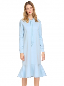 

Blue Women Casual Drawstring Hooded Long Sleeve Solid Ruffle Hem Casual Dress, Multicolor