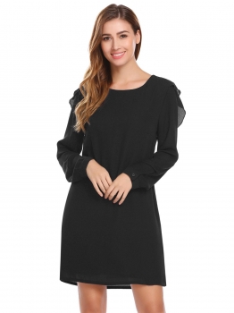 

Black O-Neck Long Sleeve Ruffle Fit Loose Dress, Multicolor