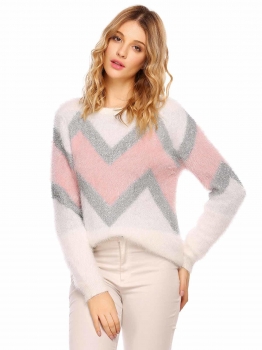 

White red O-Neck Long Sleeve Patchwork Warm Sweater, Multicolor