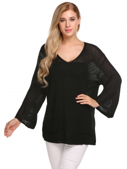 

Black V-Neck Long Sleeve Pockets Solid Sweater, Multicolor