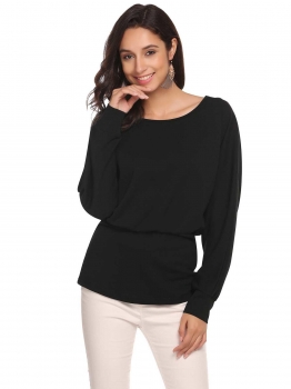 

Black Women Casual O-Neck Batwing Long Sleeve Waist Sexy Blouse T-shirt, Multicolor