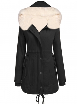 

Black Drawstring Waist Jacket Faux Fur Hooded Fleece Lined Military Coat Parkas, Multicolor