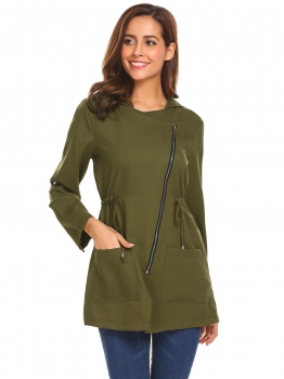 

Army green Women Lightweight Hooded Roll Up Sleeve Zip Drawstring Casual Trench Coat, Multicolor