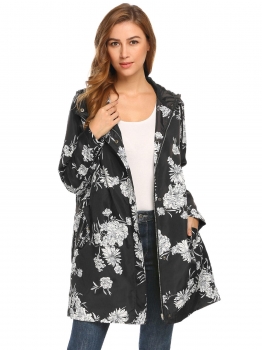 

Black Women Hooded Long Sleeve Floral Lighweight Rain Jacket Raincoat, Multicolor