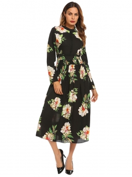 

Black Women Vintage Style Mock Neck Long Sleeve Floral Casual Dress, Multicolor