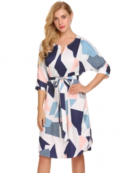 

Blue Women 3"4 Sleeve Geometric Pattern Belted A-Line Short Dress, Multicolor