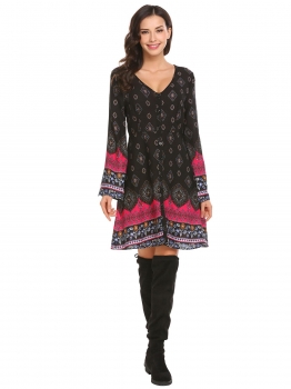 

Black Women Casual V-Neck Long Sleeve Printing A-Line Short Shirt Dress, Multicolor