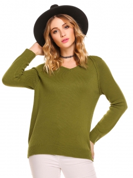 

Army green V-Neck Long Sleeve Solid Loose Knit Pullover Sweater, Multicolor