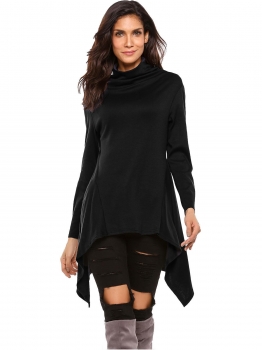 

Black Turtleneck Long Sleeve Solid Irregular Hem Slim Fit Tops, Multicolor