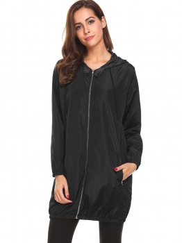 

Black Hooded Long Sleeve Solid Medium-length Full Zipper Up Coat, Multicolor