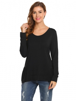 

Black Women Casual O-Neck Long Sleeve Solid Asymmetrical Hem Regular Fit Sexy Blouse T-shirt Tops, Multicolor
