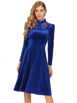 

Royal Blue Women Stand Neck Long Sleeve Lace Patchwork Half Button Up Pleated Velvet Casual Dress, Multicolor