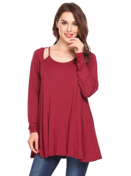 

Wine red Spaghetti Straps Long Sleeve Solid Back Hollow Out Sexy Blouse T-shirt Tops, Multicolor