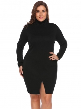 

Black Women's Turtleneck Long Sleeve Solid Split Bodycon Casual Dress Plus Size, Multicolor