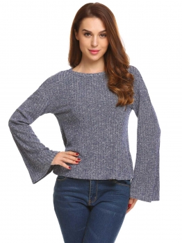 

Dark blue Women Casual O-Neck Long Flare Sleeve Solid Knitted Blouse T-shirt Tops, Multicolor