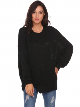 

Black Round Neck Irregular Puff Sleeve Knitted Loose Pullover Sweater, Multicolor