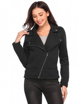 

Black Women Stand Collar Zip-Up Fleece Lined Slim Fit Moto Jacket with Pockets, Multicolor