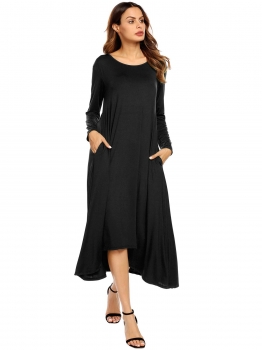

Black Women O-Neck Long Sleeve Asymmetrical Hem Solid Casual Loose Maxi Casual Dress, Multicolor