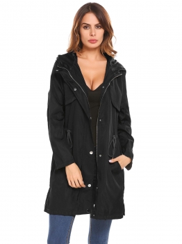 

Black Women Casual Hooded Long Sleeve Solid Waist Drawstring Split Hem Loose Windbreaker, Multicolor