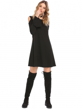 

Black Women O Neck Cold Shoulder Flare Long Sleeve Ruched Cuff Loose Hem Dress, Multicolor