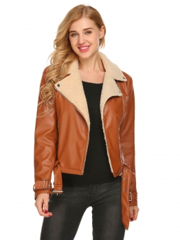 

Coffee Women Lapel Long Sleeve Faux Leather Shearling Motorcycle Coat Jackets, Multicolor