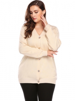 

Beige Women Casual Long Sleeve Button V-Neck Solid Basic Soft Cardigan, Multicolor