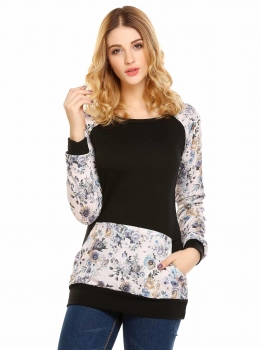 

Black Women Casual O-Neck Long Sleeve Patchwork Floral Pullover Pocket Sweatshirt, Multicolor
