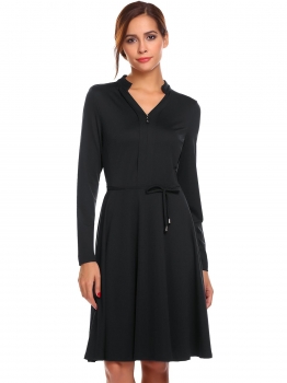 

Black Women Casual V-Neck Long Sleeve Solid A-Line Pleated Hem Swing Sexy Dress with Belt, Multicolor