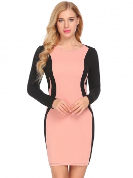 

Pink O-Neck Long Sleeve Patchwork Casual Slim Fit Dress, Multicolor