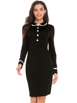 

Black Women Peter Pan Collar Long Sleeve Patchwork Slim Fit Office Career Dress, Multicolor