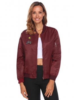 

Wine red Women Casual Long Sleeve Zip Up Applique Bomber Jacket Stand Collar, Multicolor