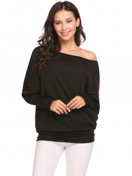 

Black Women One Shoulder Batwing Sleeve Solid Casual Jersey T-Shirt Tops, Multicolor