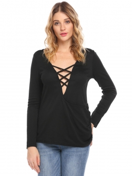 

Black Women Sexy Deep V-Neck Criss Cross Front Long Sleeve Solid T-Shirt Top, Multicolor