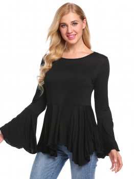 

Black Women Soft O-Neck Flare Sleeve Slim Fit Irregular Hem Peplum T-Shirt, Multicolor