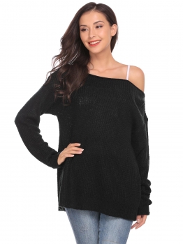 

Black One Shoulder Long Sleeve Solid Loose Knit Sweater, Multicolor